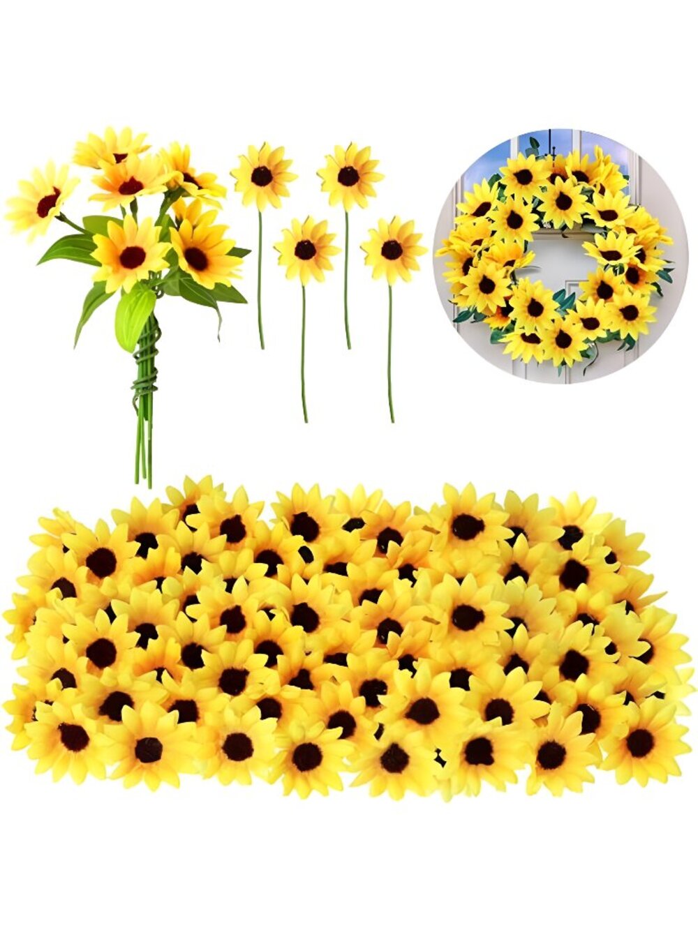 50 Pieces Mini Artificial Sunflower Heads w/ Iron Wire for Home Party Decoration